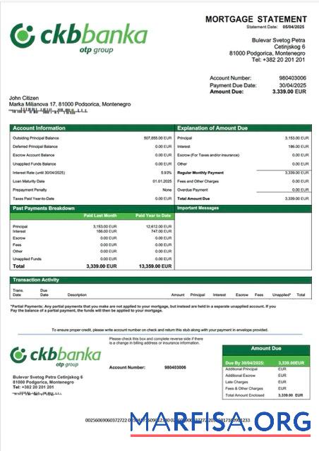 Printable Montenegro Crnogorska komercijalna banka mortgage statement Word and PDF template